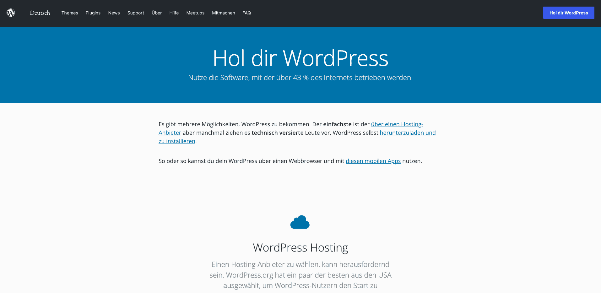Screenshot der offiziellen Seite von WordPress